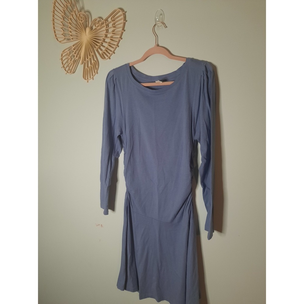 Daily Practice Sz M Anthro Blue Ruched Long Sleeve Mini Dress Cotton Modal Blend